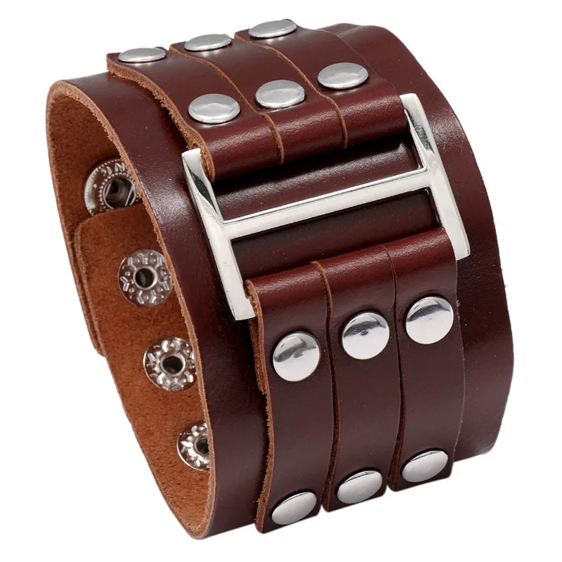 KOTik 2024 New Fashion Genuine Leather Wide Cuff Bangles Punk Vintage Three Layers Wide Black Brown Men Jewelry Bracelets