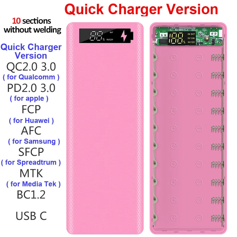 Welding Free 10*18650 Battery Storage Box 2 USB Power Bank Case 5/12V DIY Shell 18650 Battery Holder Case PD QC 3.0 Quick Charge