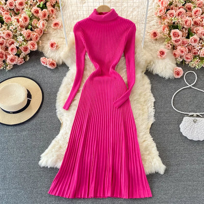 SINGREINY Women Pleated Knitted Dress Turtleneck Long Sleeve Elastic Slim Pencil Dress Autumn Winter Sexy Bodycon Sweater Dress