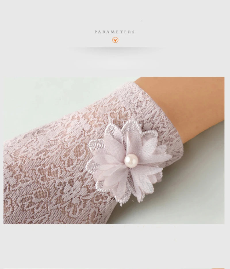 Women Summer Sexy Hollow Lace Flower Elegant Breathable Sunscreen Anti-UV Drive Cycling Touch Screen Gloves Short Pearl