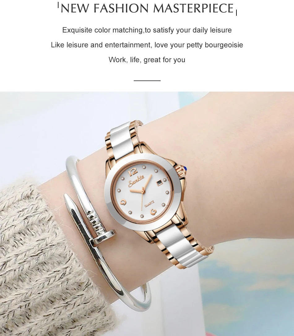 LIGE Brand SUNKTA Fashion Casual Woman Watch Ceramic Simple Bracelet Quartz Ladies Watches Date Waterproof Women's Wristwatches