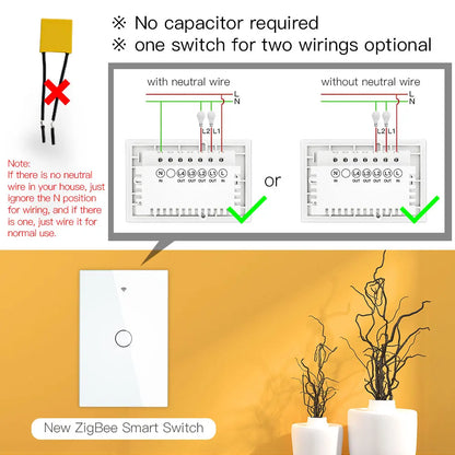 MOES ZigBee Touch Smart Light Switch With Neutral/No Neutral , US Wall Switch No Capacitor Smart Life/Tuya Works with Alexa