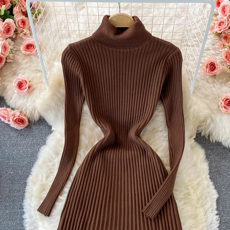 SINGREINY Women Pleated Knitted Dress Turtleneck Long Sleeve Elastic Slim Pencil Dress Autumn Winter Sexy Bodycon Sweater Dress