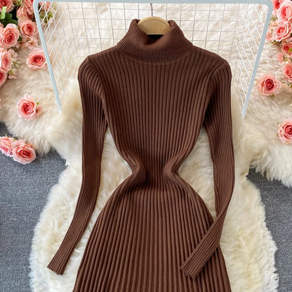 SINGREINY Women Pleated Knitted Dress Turtleneck Long Sleeve Elastic Slim Pencil Dress Autumn Winter Sexy Bodycon Sweater Dress