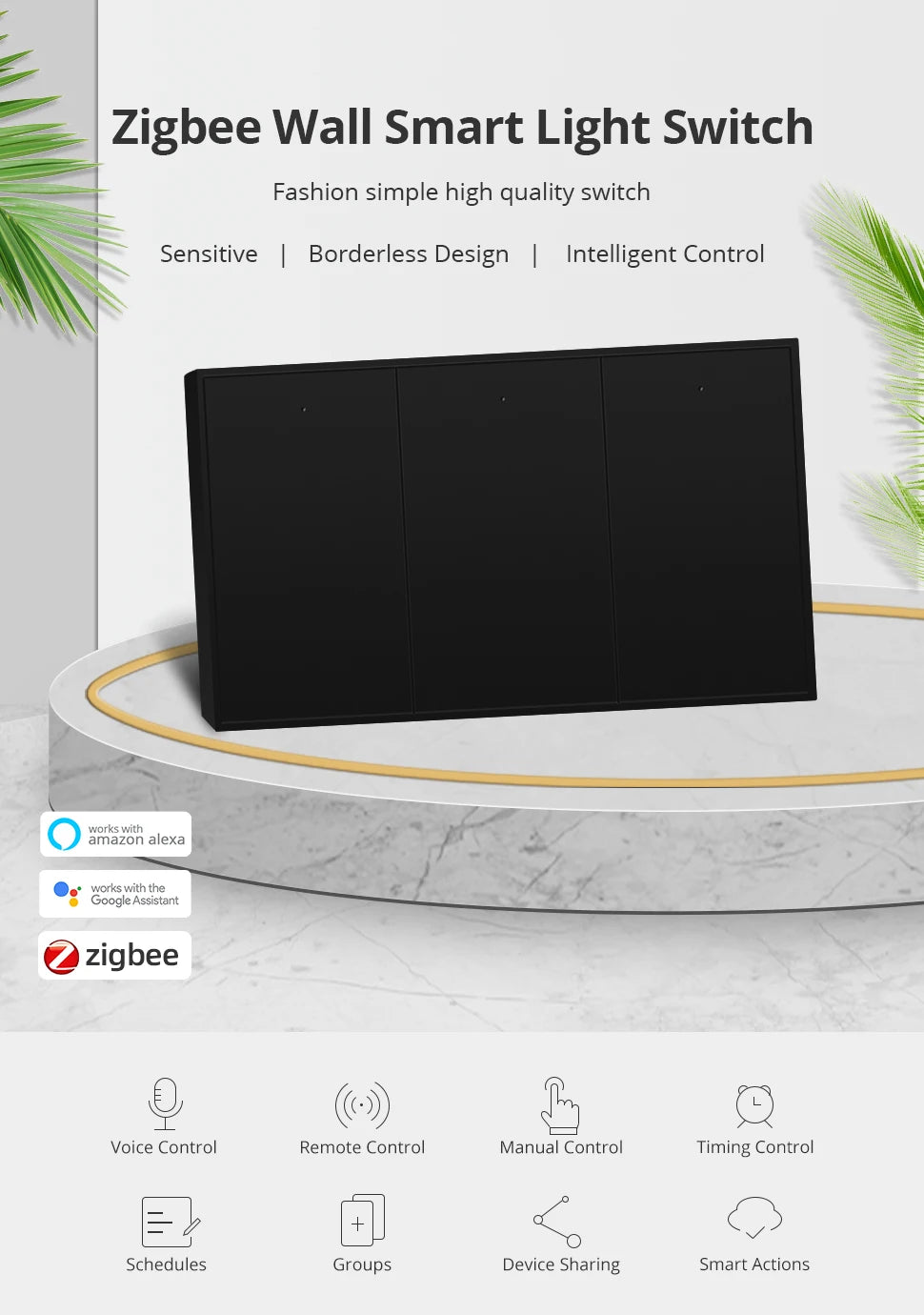 Zemismart Zigbee US AU Wall Light Switch No Neutral 1 2 3 Gangs Black Interruptor Work with Tuya Alexa Google Home Voice