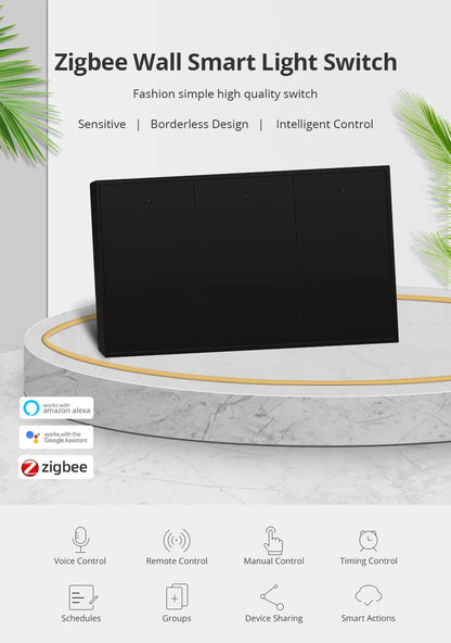 Zemismart Zigbee US AU Wall Light Switch No Neutral 1 2 3 Gangs Black Interruptor Work with Tuya Alexa Google Home Voice