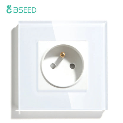 BSEED France Standard Single Wall French Socket Double Power Plug With White Black Gloden Crystal Glass Panel 16A 110V-250V