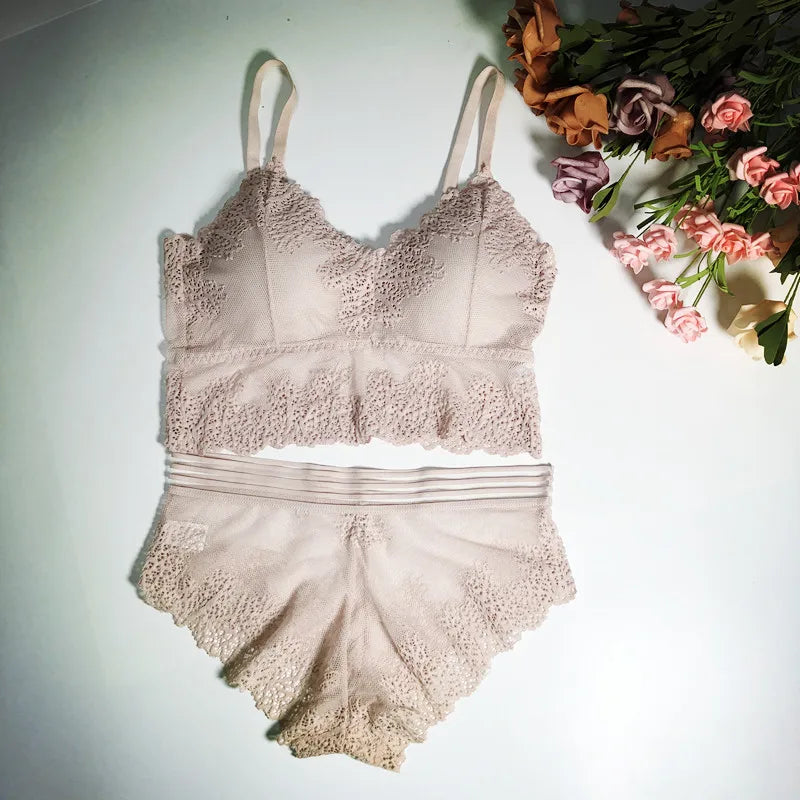 Women Lace Bra And Briefs Set Low Back Bra Crop Top Female Padded Bralette Transparent Solid Color Underwear Sexy Lingerie Set
