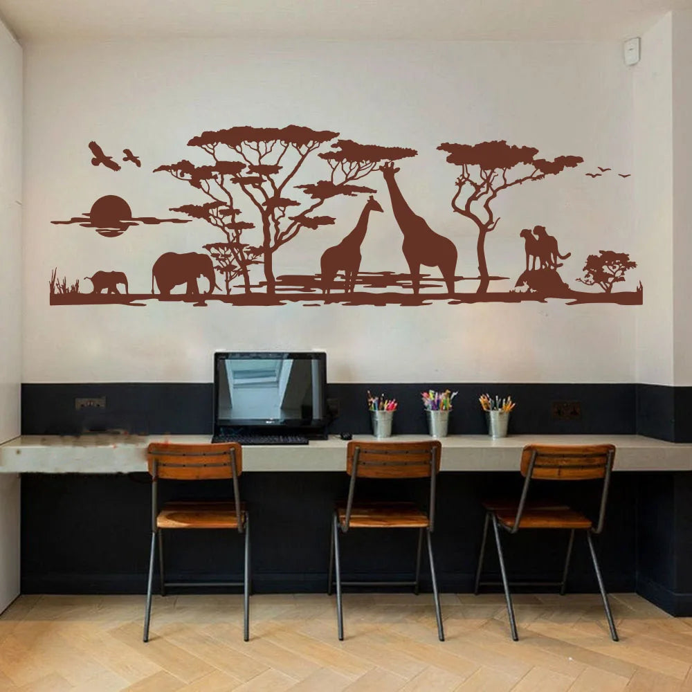 Large Africa Savannah Animals Tree Wall Sticker Living Room Bedroom Giraffe Bird Elephant Safari Jungle Wall Decal Kids Room