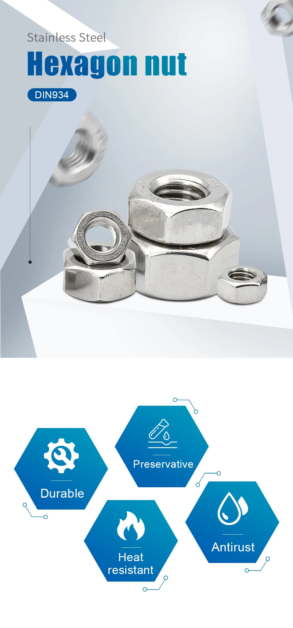 Hexagon Hex Nuts Metric DIN934 M2 M2.5 M3 M4 M5 M6 M8 M10 M12 M14 M16 M18 M20 M22 M24 Carbon Steel Stainless Steel Hex Nuts