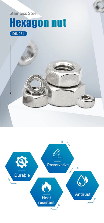 Hexagon Hex Nuts Metric DIN934 M2 M2.5 M3 M4 M5 M6 M8 M10 M12 M14 M16 M18 M20 M22 M24 Carbon Steel Stainless Steel Hex Nuts