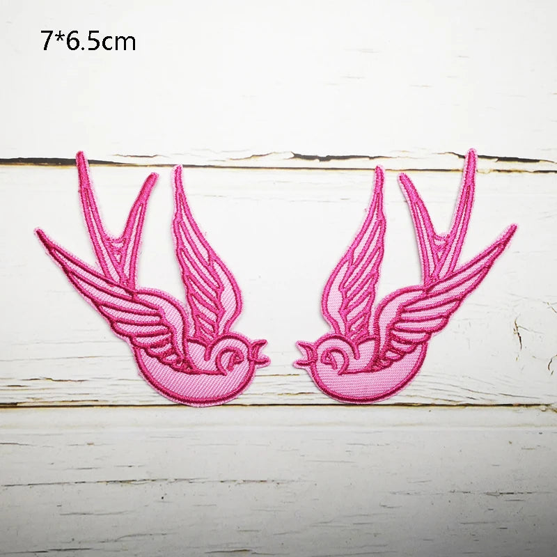 Phenix Birds Azure Blue Pink Gold Embroidered Appliques Iron-On Patches Pair