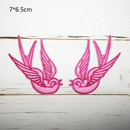 Phenix Birds Azure Blue Pink Gold Embroidered Appliques Iron-On Patches Pair