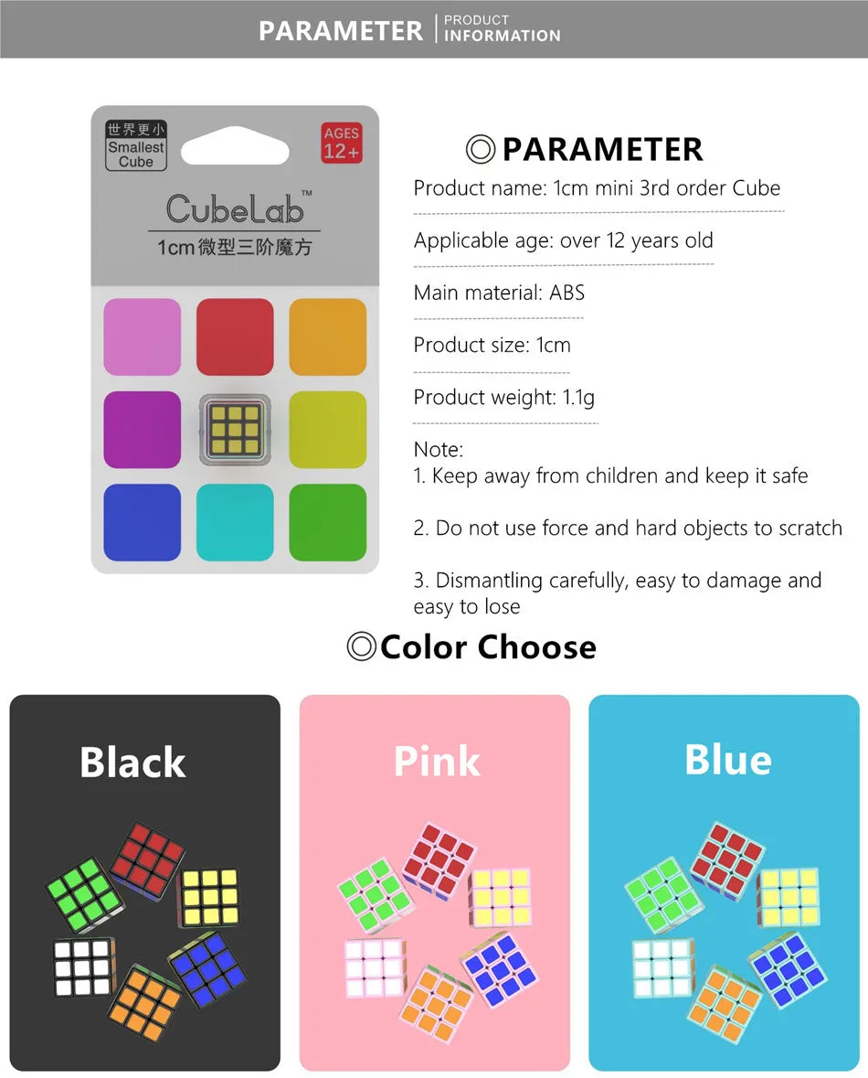 Cubelab 1cm Mini Magic Cube Tiny 3x3 Professional 1 CM Speed Cube Magic Cube Puzzle Blue Pink Black Toys For Children Kids Gift
