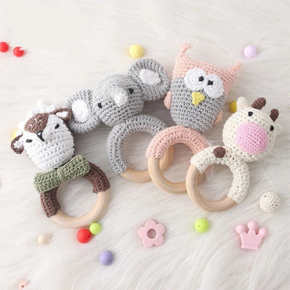 Baby Crochet Animal Rattle Wooden Toys for Children BPA Free Wood Rattle Baby Teether Stroller Game Educational Toy Newborn Gift