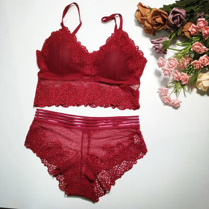 Women Lace Bra And Briefs Set Low Back Bra Crop Top Female Padded Bralette Transparent Solid Color Underwear Sexy Lingerie Set
