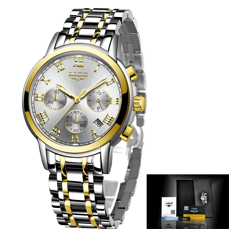 LIGE Women's Watches Ladies Quartz Watch Waterproof Stainless Steel Strap Chronograph Watch for Women Fashion Watch Bracelet Set