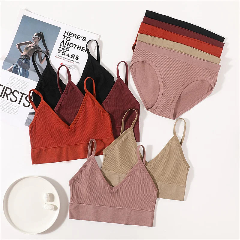Women Seamless Bra Panties Set U Back Bra Fitness Crop Top Sexy Lingerie Set No Pads Brassiere Low Rise Briefs Underwear Set