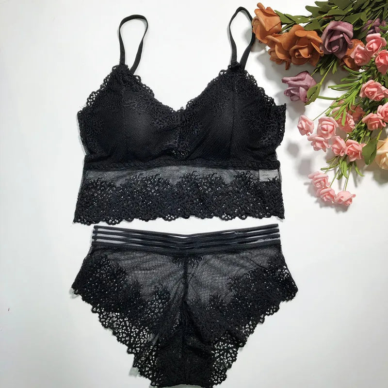 Women Lace Bra And Briefs Set Low Back Bra Crop Top Female Padded Bralette Transparent Solid Color Underwear Sexy Lingerie Set