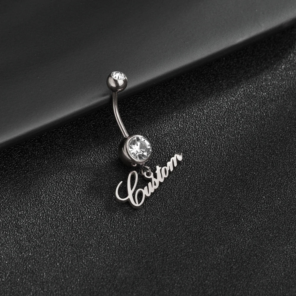 Letdiffery Custom White Stones Name Belly Button Rings Personalized Women Ring Stainless Steel Charming Body Piercing Jewelry