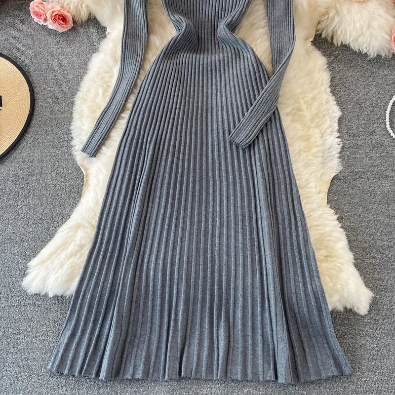 SINGREINY Women Pleated Knitted Dress Turtleneck Long Sleeve Elastic Slim Pencil Dress Autumn Winter Sexy Bodycon Sweater Dress