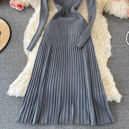 SINGREINY Women Pleated Knitted Dress Turtleneck Long Sleeve Elastic Slim Pencil Dress Autumn Winter Sexy Bodycon Sweater Dress