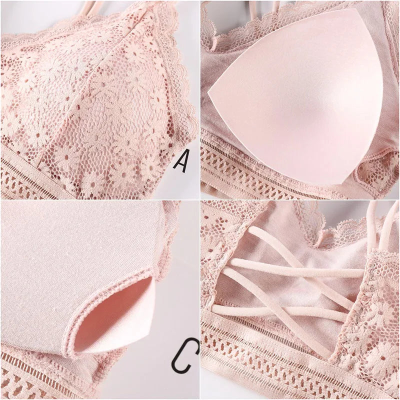 Women Lace Bra And Briefs Set Backless Bralette Solid Color Underwear Wireless Lace Bra Top Sexy Lingerie Set Female Intimates