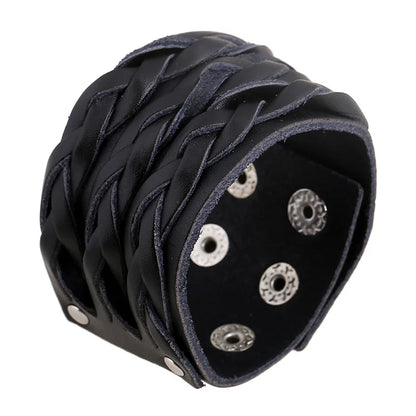 KOTik 2024 New Fashion Genuine Leather Wide Cuff Bangles Punk Vintage Three Layers Wide Black Brown Men Jewelry Bracelets