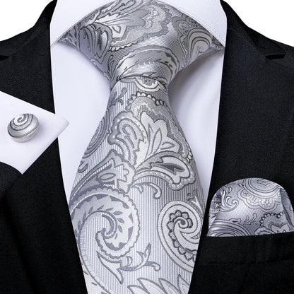 Black And Silver Paisley Floral Men's Ties Gray Blue Pink Wedding Accessories Neck Tie Set Handkerchief Cufflinks Gift For Men