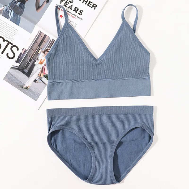 Women Seamless Bra Panties Set U Back Bra Fitness Crop Top Sexy Lingerie Set No Pads Brassiere Low Rise Briefs Underwear Set