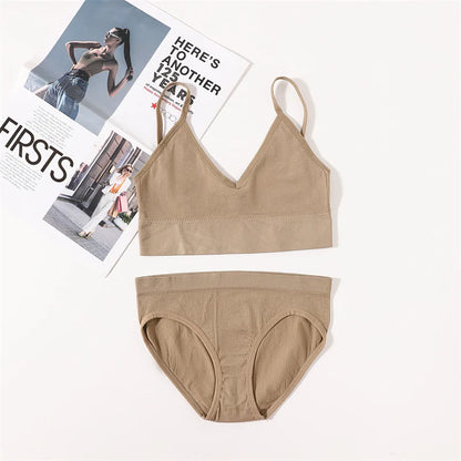 Women Seamless Bra Panties Set U Back Bra Fitness Crop Top Sexy Lingerie Set No Pads Brassiere Low Rise Briefs Underwear Set