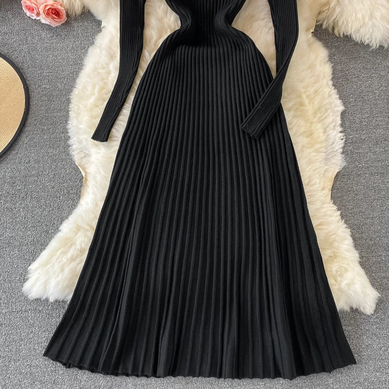 SINGREINY Women Pleated Knitted Dress Turtleneck Long Sleeve Elastic Slim Pencil Dress Autumn Winter Sexy Bodycon Sweater Dress