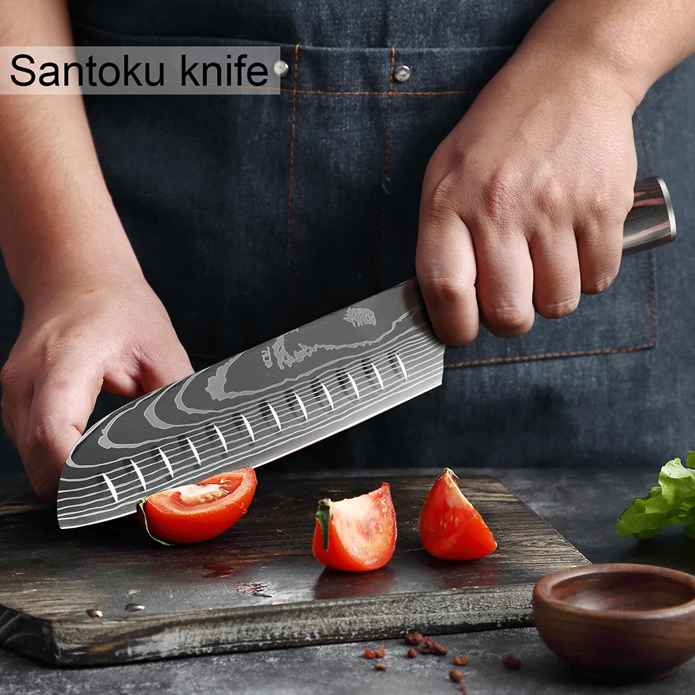 XITUO Chef knife 1-10Pcs Kitchen Knives Set Laser Damascus Pattern Ultra-Sharp Santoku Knife Cleaver Slicing Utility Fruit Knife