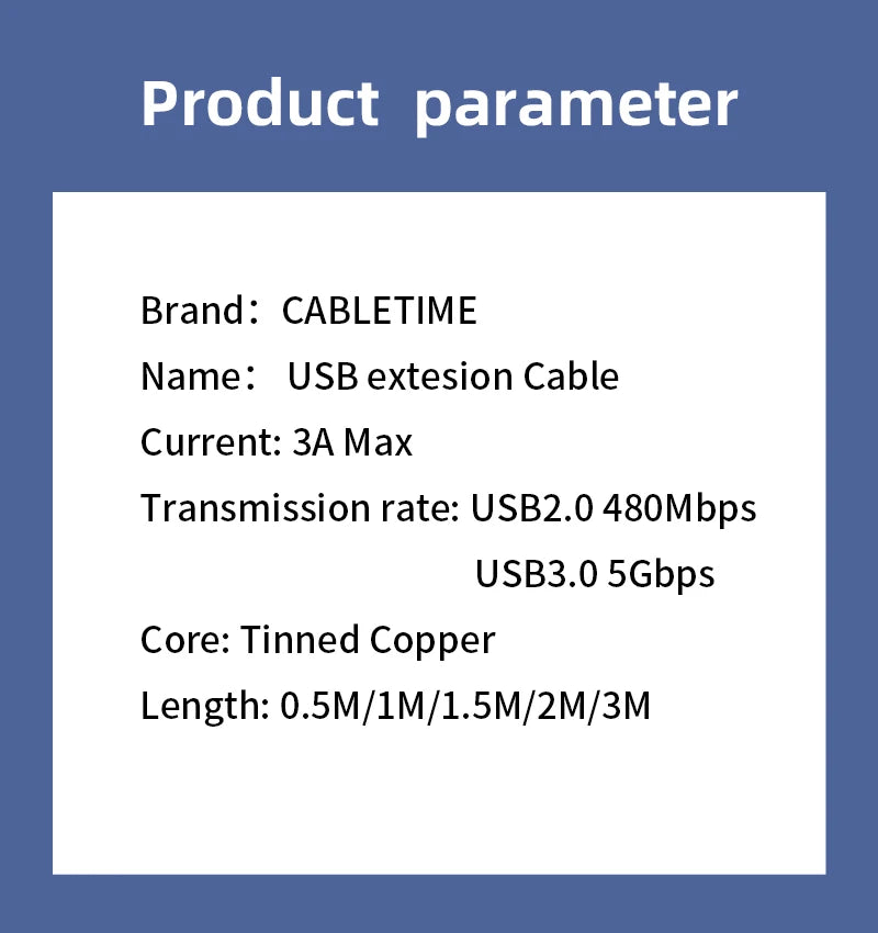 CABLETIME Przedłużacz USB USB 3.0 M/F 5 Gb/s do TV Smart PS4 X box SSD Przedłużacz USB Kabel do transmisji danych C267