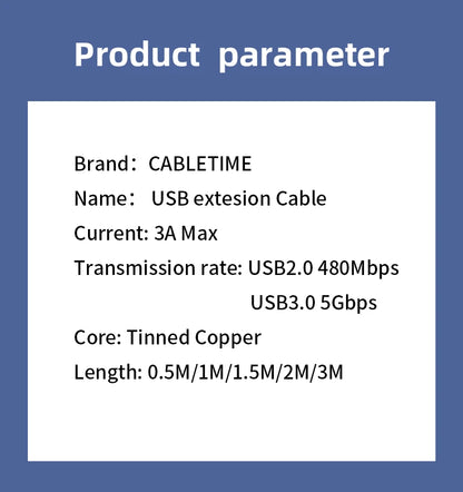CABLETIME Przedłużacz USB USB 3.0 M/F 5 Gb/s do TV Smart PS4 X box SSD Przedłużacz USB Kabel do transmisji danych C267