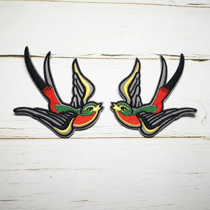 Phenix Birds Azure Blue Pink Gold Embroidered Appliques Iron-On Patches Pair