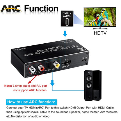 4K 120Hz HDMI audio extractor 4K Support 5.1CH 2 Port HDMI to HDMI Audio ARC Switch with audio toslink stereo For Apple TV PS5