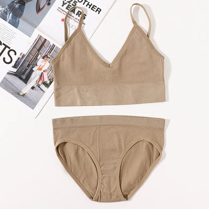 Women Seamless Bra Panties Set U Back Bra Fitness Crop Top Sexy Lingerie Set No Pads Brassiere Low Rise Briefs Underwear Set