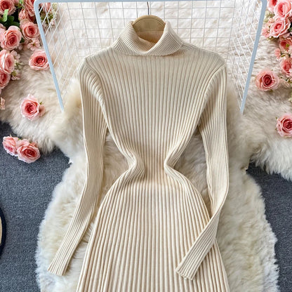 SINGREINY Women Pleated Knitted Dress Turtleneck Long Sleeve Elastic Slim Pencil Dress Autumn Winter Sexy Bodycon Sweater Dress