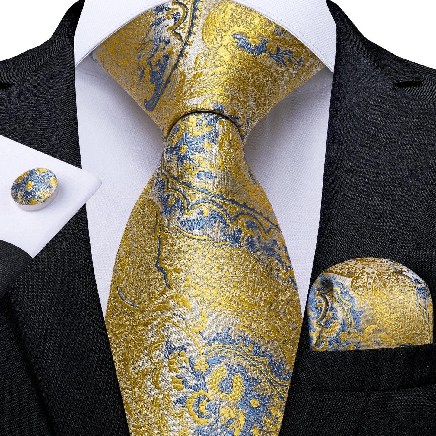 Black And Silver Paisley Floral Men's Ties Gray Blue Pink Wedding Accessories Neck Tie Set Handkerchief Cufflinks Gift For Men