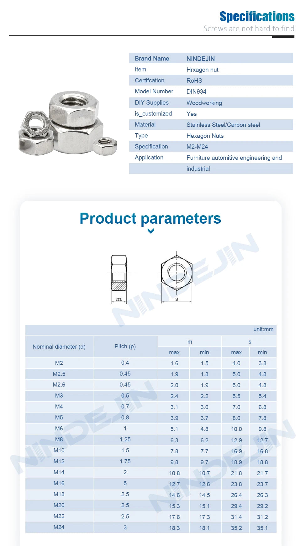 Hexagon Hex Nuts Metric DIN934 M2 M2.5 M3 M4 M5 M6 M8 M10 M12 M14 M16 M18 M20 M22 M24 Carbon Steel Stainless Steel Hex Nuts