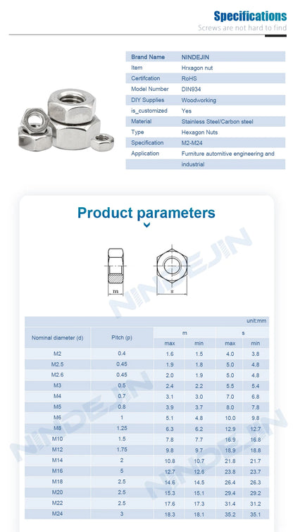 Hexagon Hex Nuts Metric DIN934 M2 M2.5 M3 M4 M5 M6 M8 M10 M12 M14 M16 M18 M20 M22 M24 Carbon Steel Stainless Steel Hex Nuts