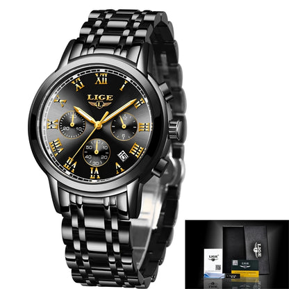 LIGE Women's Watches Ladies Quartz Watch Waterproof Stainless Steel Strap Chronograph Watch for Women Fashion Watch Bracelet Set