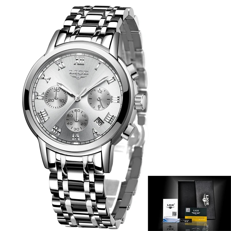 LIGE Women's Watches Ladies Quartz Watch Waterproof Stainless Steel Strap Chronograph Watch for Women Fashion Watch Bracelet Set