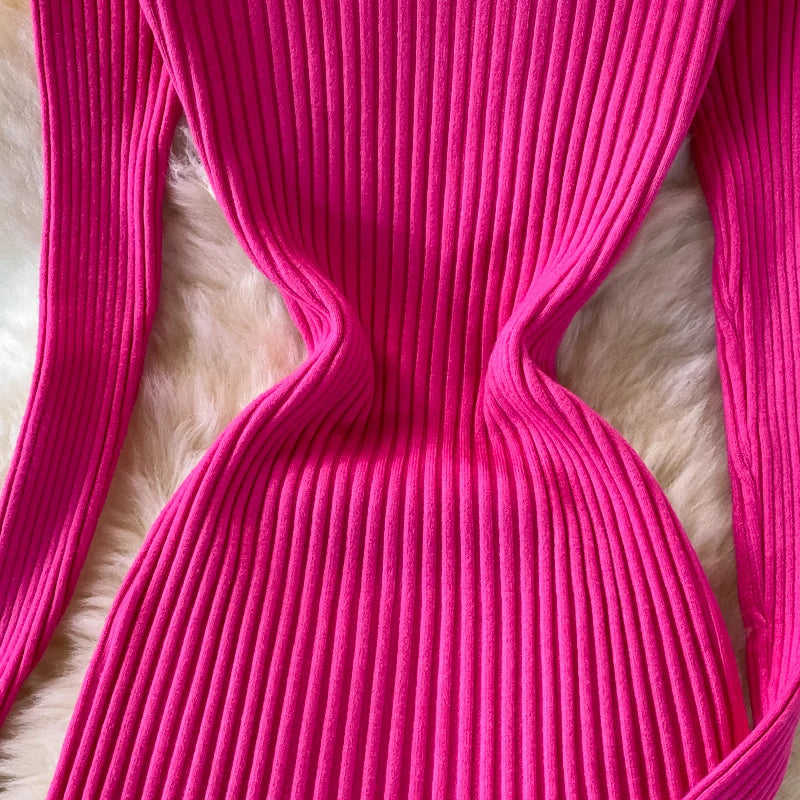 SINGREINY Women Pleated Knitted Dress Turtleneck Long Sleeve Elastic Slim Pencil Dress Autumn Winter Sexy Bodycon Sweater Dress