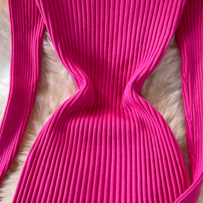 SINGREINY Women Pleated Knitted Dress Turtleneck Long Sleeve Elastic Slim Pencil Dress Autumn Winter Sexy Bodycon Sweater Dress