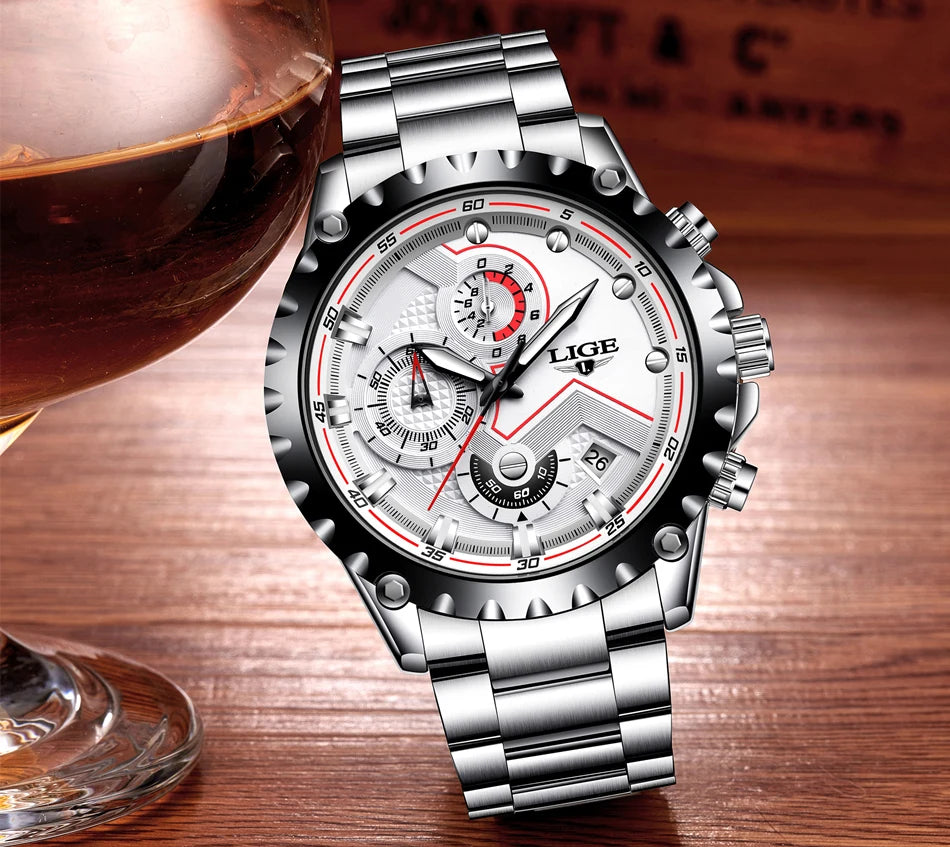 2025 LIGE Men Watch Fashion Quartz Watch Mens Top Brand Luxury All Steel Business Waterproof Sport Watch Relogio Masculino+BOX