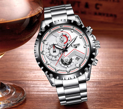 2025 LIGE Men Watch Fashion Quartz Watch Mens Top Brand Luxury All Steel Business Waterproof Sport Watch Relogio Masculino+BOX