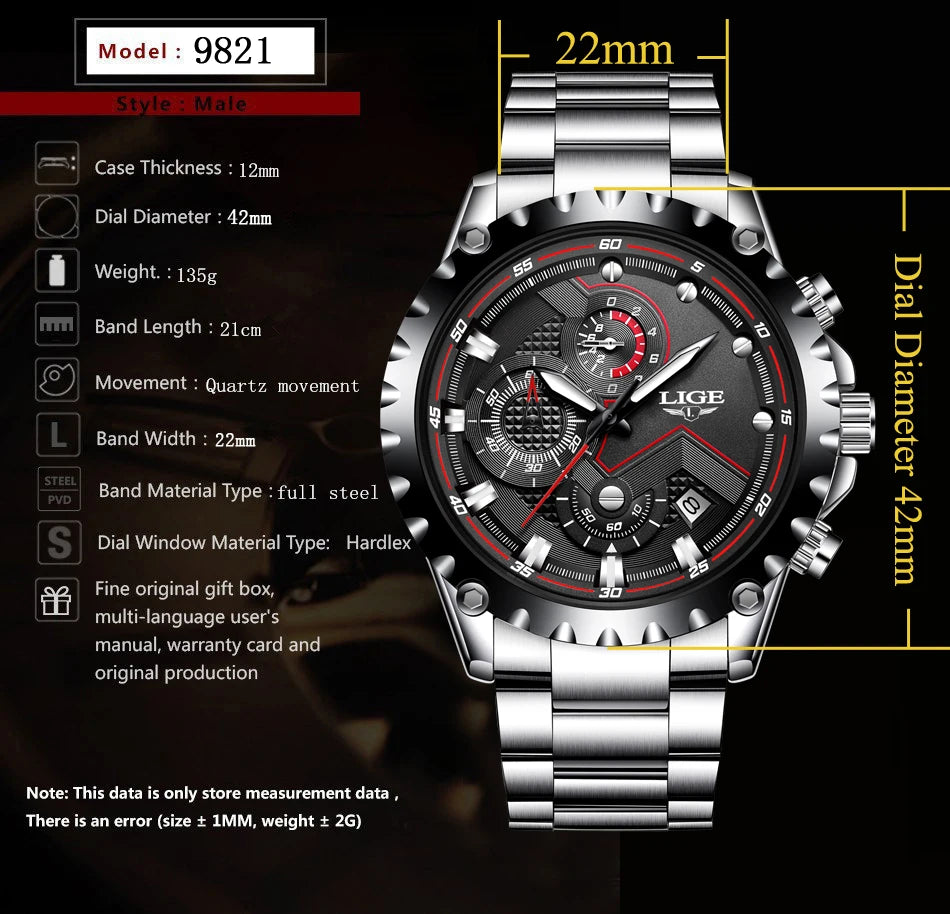 2025 LIGE Men Watch Fashion Quartz Watch Mens Top Brand Luxury All Steel Business Waterproof Sport Watch Relogio Masculino+BOX