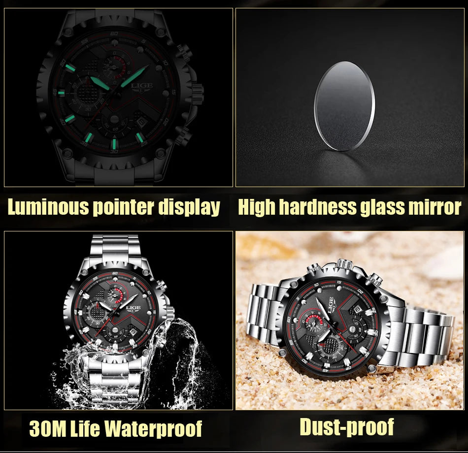 2025 LIGE Men Watch Fashion Quartz Watch Mens Top Brand Luxury All Steel Business Waterproof Sport Watch Relogio Masculino+BOX
